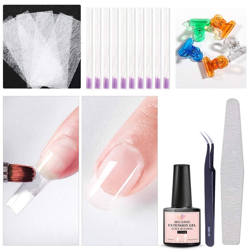MEET ACROSS Fiberglass Nail Extension Kit with Building Gel Magical Silk Fiberglass Nail Wrap Form Quick Building Fiber Extension Gel, Nail File, Tweezers, Nail Tips Clip for Gel Extension Nail Art - Image 1